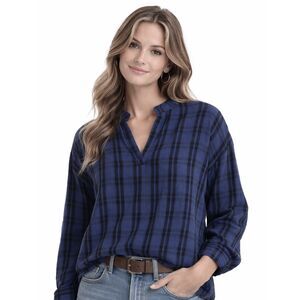 Madewell Women's Size M Slate Blue Black Plaid V-Neck Stand Collar LS Shirt #1